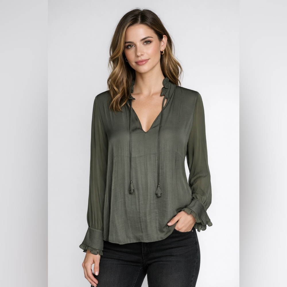 Naked Zebra Olive Dark Green Long Sleeve Tie Neck  Sleeve Blouse Ruffle Top Work